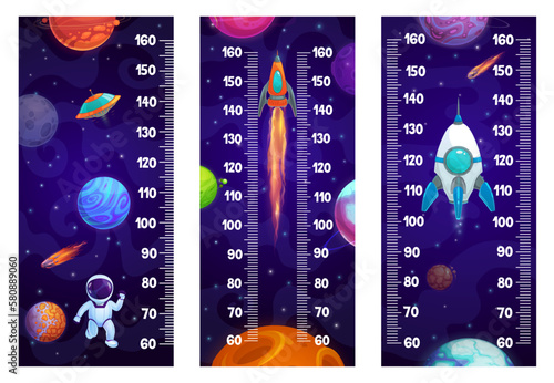 Kids height chart ruler with space planets, astronaut and rocketships, vector growth meter. Galaxy rocket shuttle or spaceship and spaceman with alien UFO on baby tall measure ruler or height chart