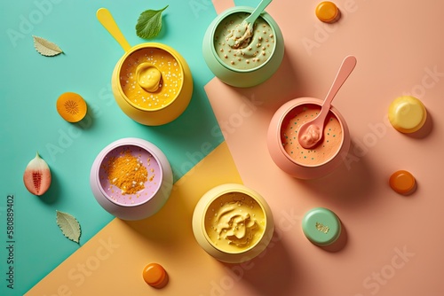 healthy baby food bowls on a colored backdrop. Generative AI