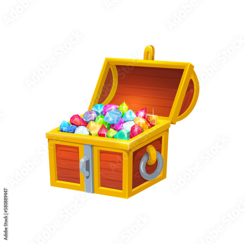 Chest with treasures, isolated cartoon vector wooden trunk with precious gemstones and crystals, ui game asset. Open ancient coffer with pirate loot, case with gem stones, decorated royal box