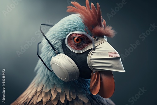 Bird flu H5N1 in China concept with chicken portrait and medical protective mask. Generative AI photo