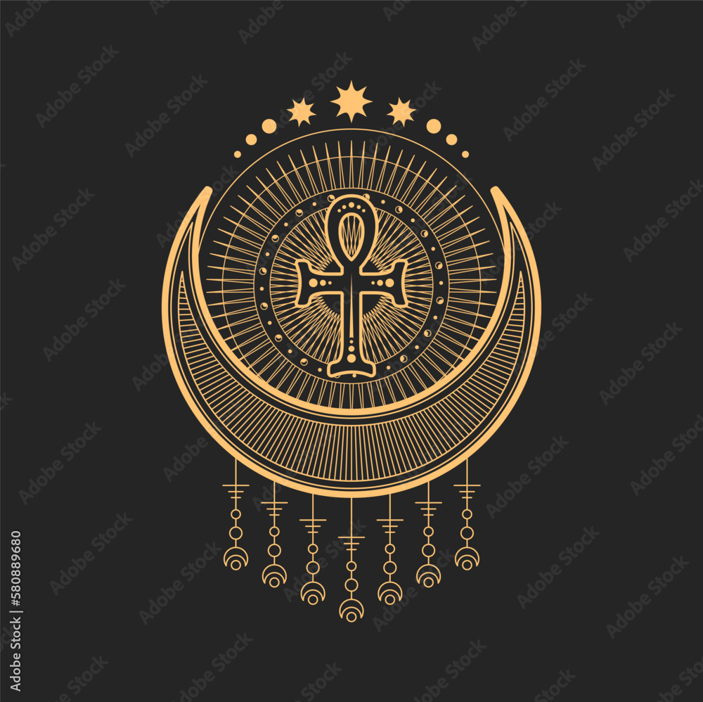 Crescent and moon esoteric occult symbols, magic tarot. Vector talisman with Egyptian ankh cross inside of circle with stars. Alchemy sign, mystic mason symbolic, amulet or tattoo