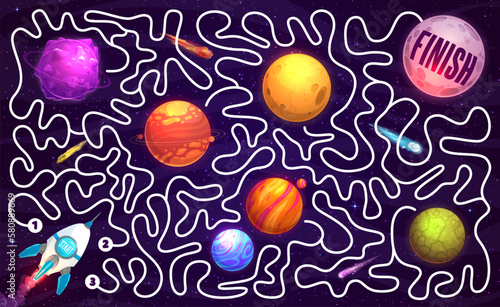 Galaxy labyrinth maze cartoon space planets, stars and rocket. Kids vector board game worksheet with starship searching correct way on tangled path in alien galaxy. Cartoon educational adventure quiz