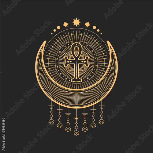 Crescent and moon esoteric occult symbols, magic tarot. Vector talisman with Egyptian ankh cross inside of circle with stars. Alchemy sign, mystic mason symbolic, amulet or tattoo