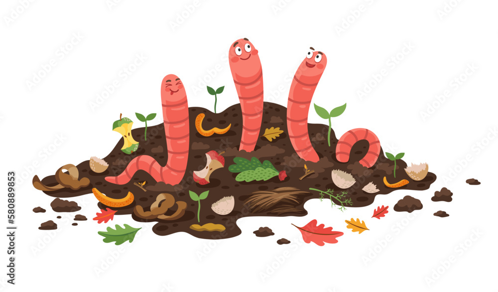 Cartoon compost worms. Isolated vector earthworms in organic garbage heap with leftovers and growing plants. Cute worm characters working in garden soil. Funny invertebrate personages recycling food - obrazy, fototapety, plakaty 
