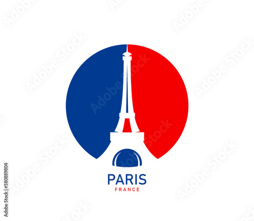 France Eiffel tower icon. Paris famous architecture, French historic building or Europe vacation tourism monument vector emblem. European city Eiffel tower symbol or sign