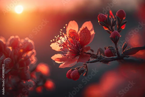 Beautiful red blossom in front of sunrise in winter captured in high quality, low angle, macro photography with copy space. Red petals became transparent from the warm sun's rays, turning them into pi