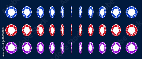 Casino poker chips animated rotation. Vector sequence frame of rotating round blue, red and purple gambling game 3d pieces. Sprite sheet animation of spinning chips for online animation