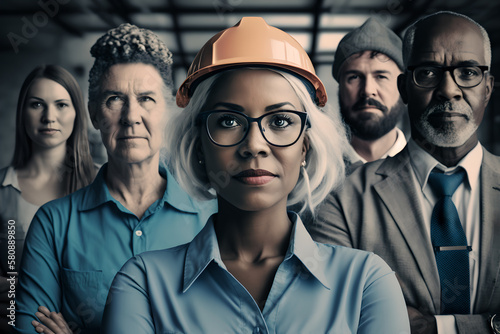 A group portrait of a diverse factory workforce, people of all races and genders working together proudly in their workplace, businessmen and businesswomen, positive attitude and success photo