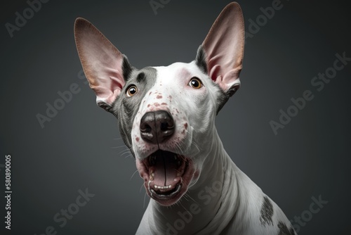 Bull Terrier Mixed Dog Studio Portrait with Open Mouth, Shocked Surprised Expression, on Grey Background. Generative AI