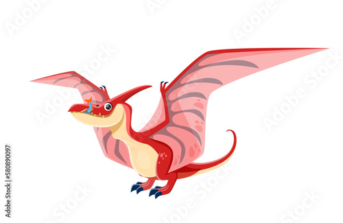 Cartoon Pterodactyl or Pteranodon dinosaur character. Paleontology monster, Jurassic era or prehistoric lizard. Extinct beast, ancient wildlife Pterodactyl flying dinosaur vector funny personage