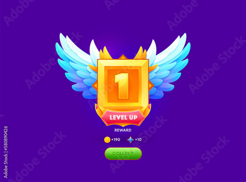 Level up badge, game UI award rank or bonus medal reward, vector trophy with wings. Level up gold prize in arcade video game for next level achievement and rank award number one for coins collect