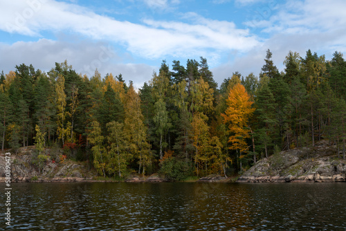 View of Lake Ladoga near the village Lumivaara on a sunny autumn day  Ladoga skerries  Republic of Karelia  Russia