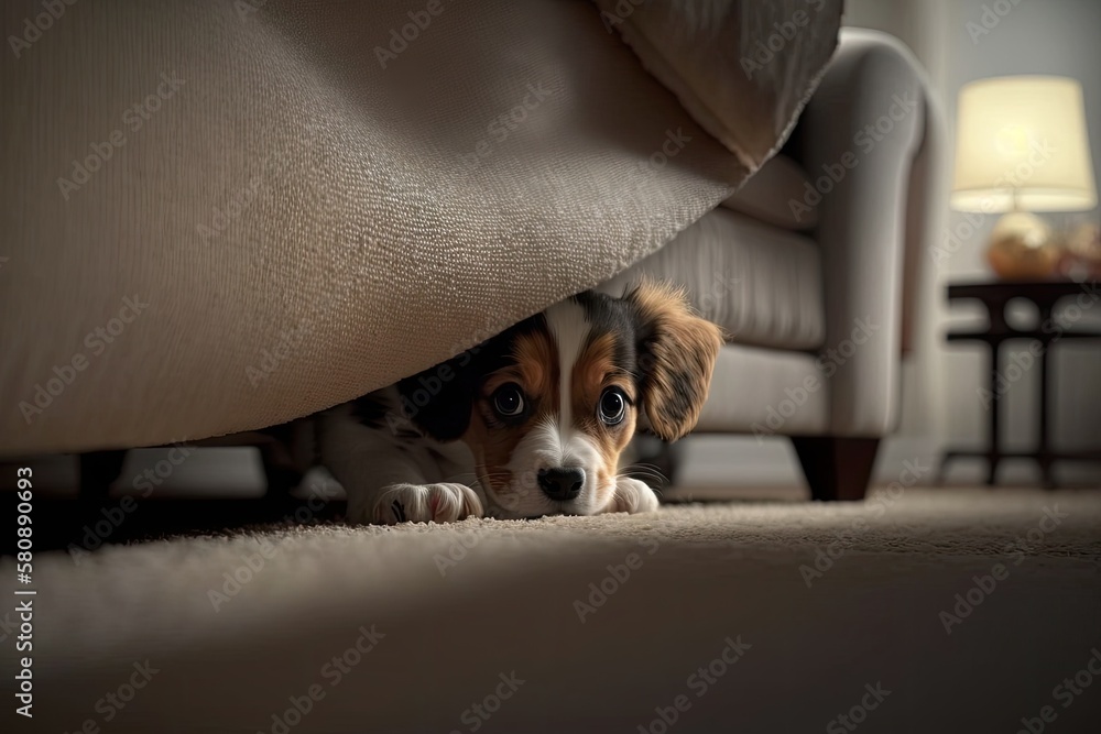 At home, a cute puppy dog is hiding under the sofa. Generative AI Stock