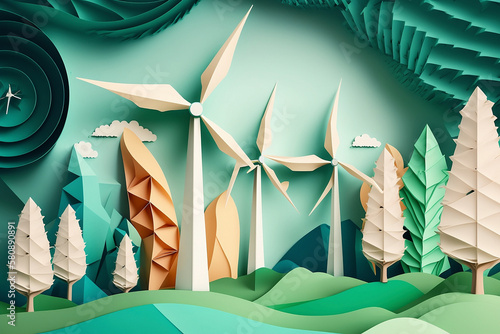 Paper art , renewable energy with green energy as wind turbines , Renewable energy by 2050 Carbon neutral energy , Energy consumption and CO2, Reduce CO2 emission concept