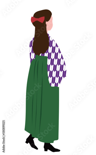 歩き出す袴姿の女学生　後ろ姿　着物　右　イラスト