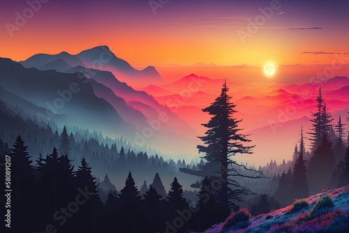 Colorful summer sunrise in the foggy mountains. Generative AI © AkuAku