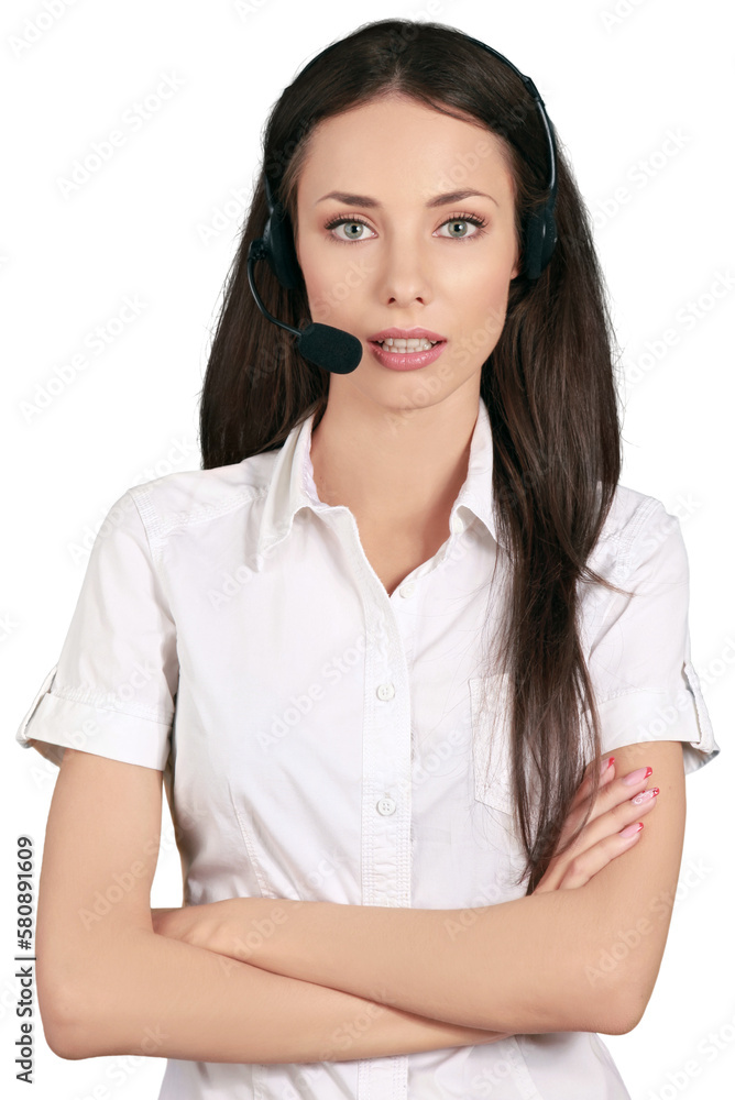 Young attractive business woman in white shirt using headphones isolated on white background Young attractive business woman in white shirt using headphones isolated on white background