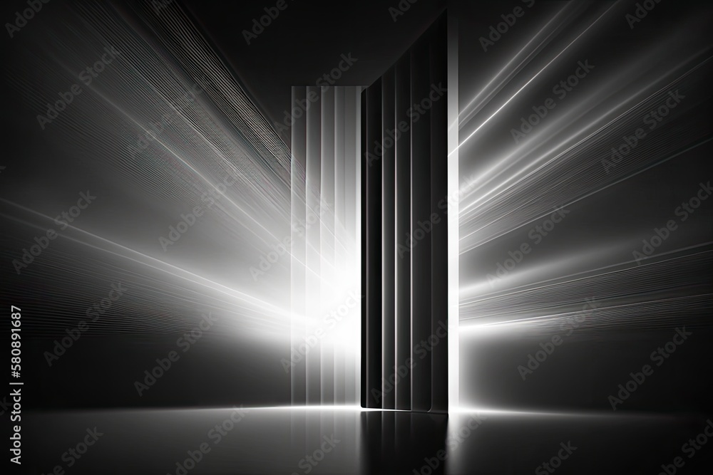 Light beams in the night. Screens in a studio image that show how their edges reflect light. Scientific, technological, or architectural abstract black and white backdrop composition with backlight
