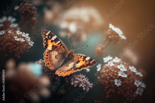 macro photography, selective focus, a blurred background, a bright butterfly on flowers. Generative AI