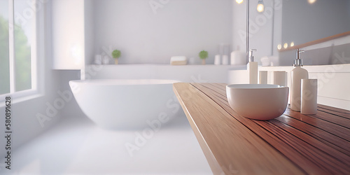 Empty wooden table top for product display with blurred bathroom interior background. Minimalist and clean bathroom interior design with bathtub. Generative AI