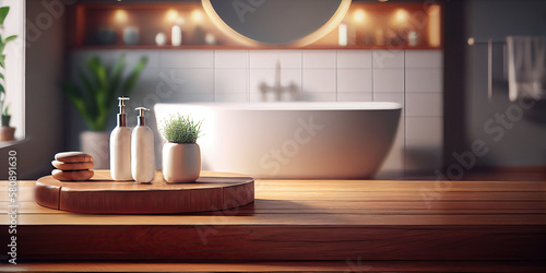 Empty wooden table top for product display with blurred bathroom interior background. Minimalist and clean bathroom interior design with bathtub. Generative AI
