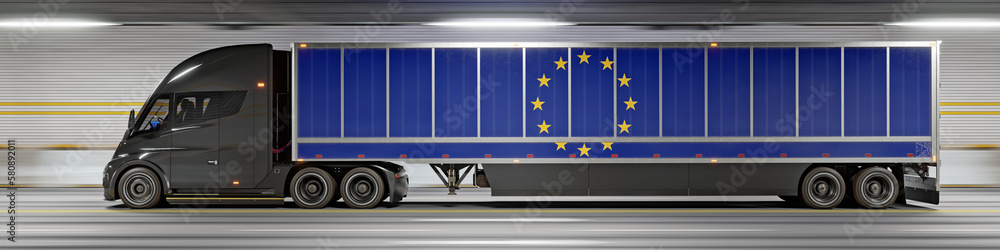 Electric Semi Truck and Trailer with European Union flag driving through a tunnel. Left view. 3D-render Electric Semi Truck and Trailer with European Union flag driving through a tunnel. Left view. 3D-render