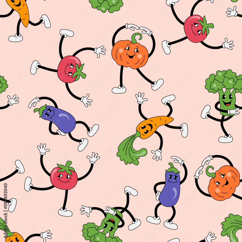 Seamless pattern with vegetables are doing exercise or dancing. Retro cartoon characters design. Vector illustration.