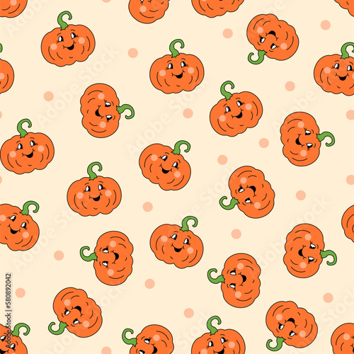 Seamless pattern with pumpkin cartoon character. Vector illustration.