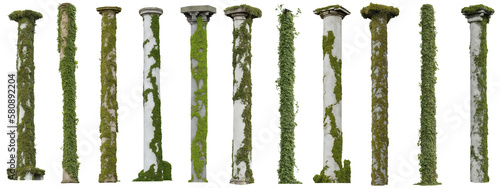 antique columns, collection of overgrown pillars isolated on white background, generative ai 