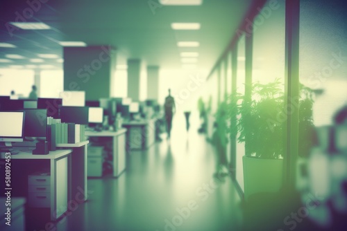 Business concept abstract blurring office interior space background. Generative AI