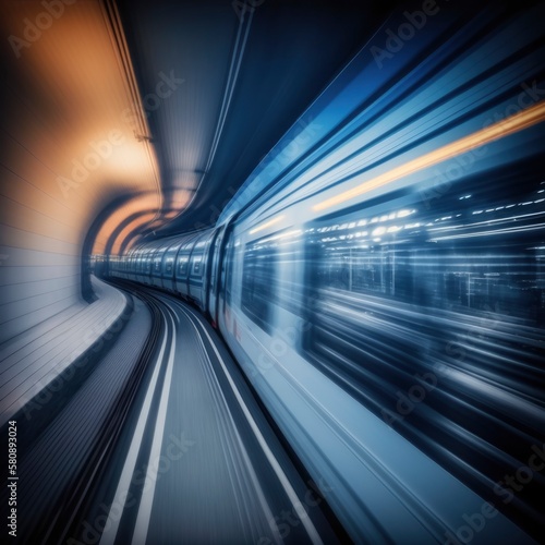 fast moving train in tunnel, transportation public transport station, motion background, generative ai