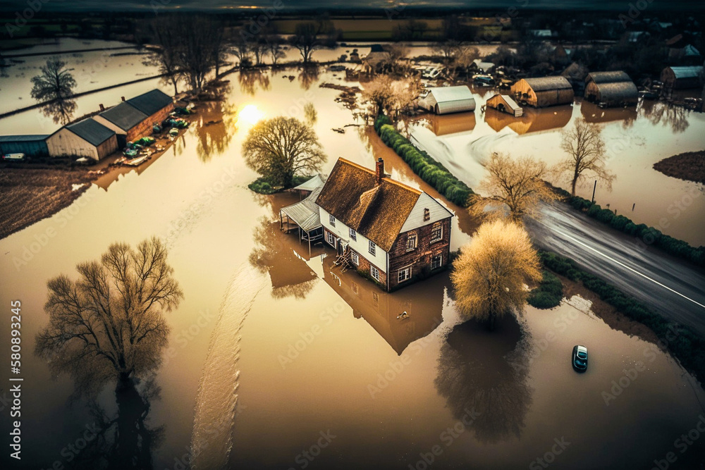 Inondation dans la campagne - Catastrophe climatique - Vue de drone - Générative IA - obrazy, fototapety, plakaty 