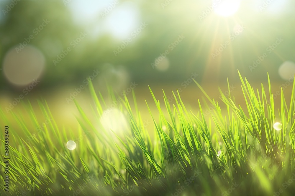 fuzzy focus Green grass with a background of a field and sunlight. Easter day setting. Generative AI