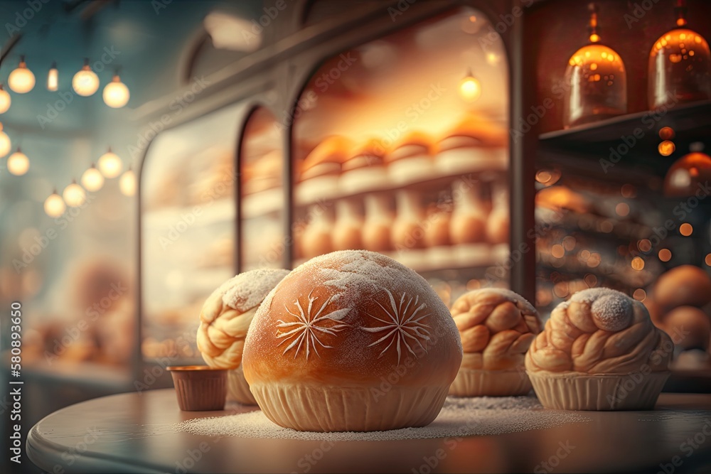 Fototapeta premium Delicious buns with crust against a blurry background of an interior bakery. Generative AI