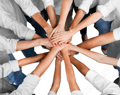 Top View of People in Circle with Their Hands Together photo