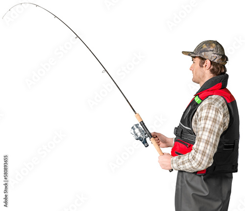 Foto Male fisherman with fishing rod isolated on white