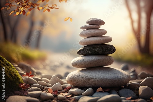 Balanced pile of pebble stones, resembling a ZEN stone, outdoors in spring, spa health peaceful landscape concept, and image of mental and spiritual peacefulness. Generative AI