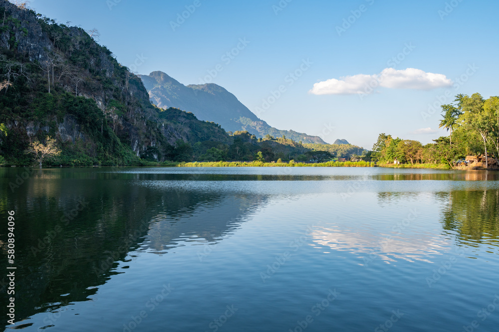 Scenery view of Tham Sao Hin Phayanak reservoir in Mae Sai district of Chiang Rai province of Thailand.