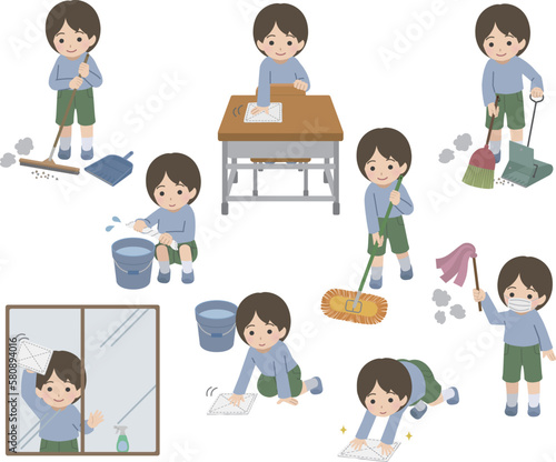 掃除する男児のポーズセット