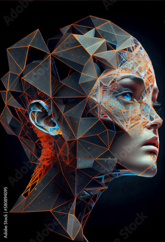 Humanoid robotic woman head in design with detailed ornaments of evolutionary geometry artificial intelligence created with Generative AI technology