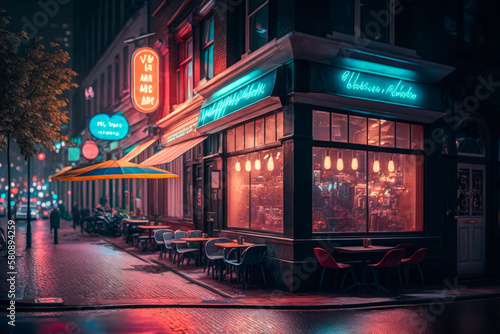 The lights of bustling cafes and restaurants in Rotterdam at night - Generative AI