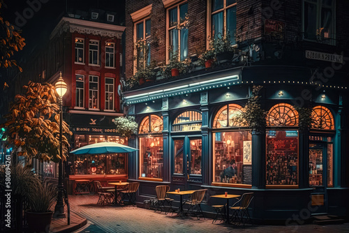 The lights of bustling cafes and restaurants in Rotterdam at night - Generative AI