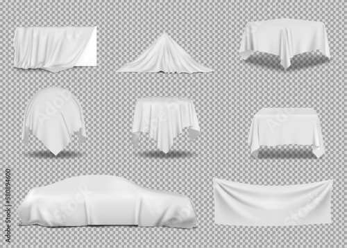 Realistic set of objects covered with white silk fabric. Vector illustration