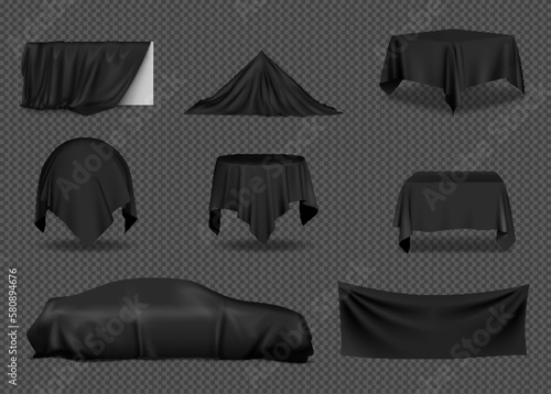 Realistic set of objects covered with black silk fabric. Vector illustration