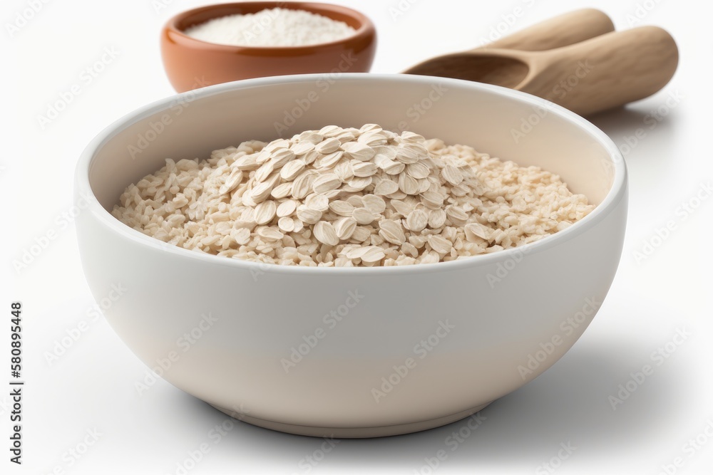 Oatmeal bowl with essence in the foreground and a white background. Generative AI Oatmeal bowl with essence in the foreground and a white background. Generative AI