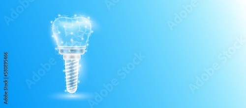 Dental implant form line triangles connecting on blue background. Futuristic glowing tooth hologram translucent white and copy space for text. Medical anatomical concept. Modern design vector.