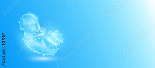 Child infant in form line triangles connecting on blue background. Futuristic glowing organ hologram translucent. Copy space for text. Pregnancy and artificial insemination medical innovation. Vector.