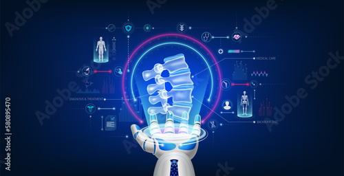 Futuristic medical cybernetic robotics technology. Human backbone disc virtual hologram float away from robot hand. Innovation artificial intelligence robots assist care health. 3D Vector.