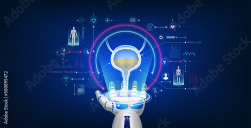 Futuristic medical cybernetic robotics technology. Human bladder virtual hologram float away from robot hand with medical icon. Innovation artificial intelligence robots assist care health. 3D Vector.