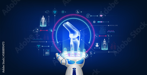 Futuristic medical cybernetic robotics technology. Bone joint virtual hologram float away from robot hand with medical icon. Innovation artificial intelligence robots assist care health. 3D Vector.